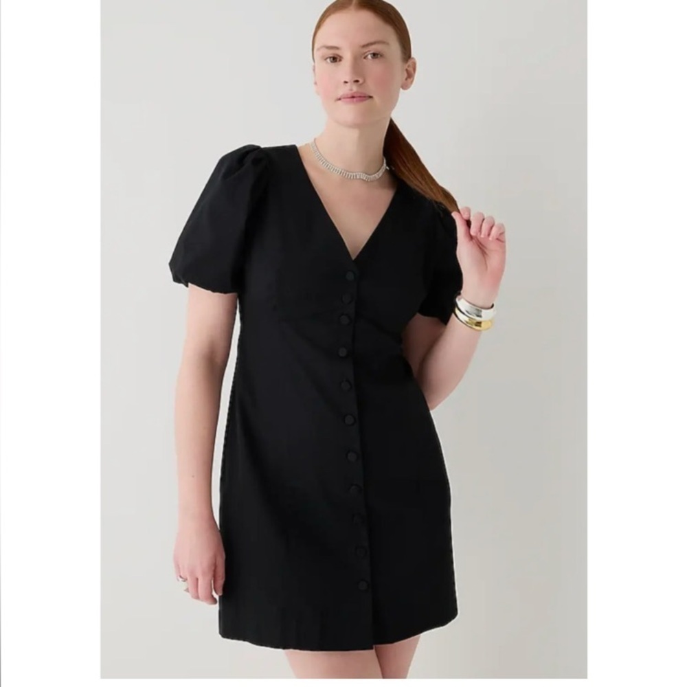 J. Crew v-neckline black puff sleeve button front stretch twill mini dress.